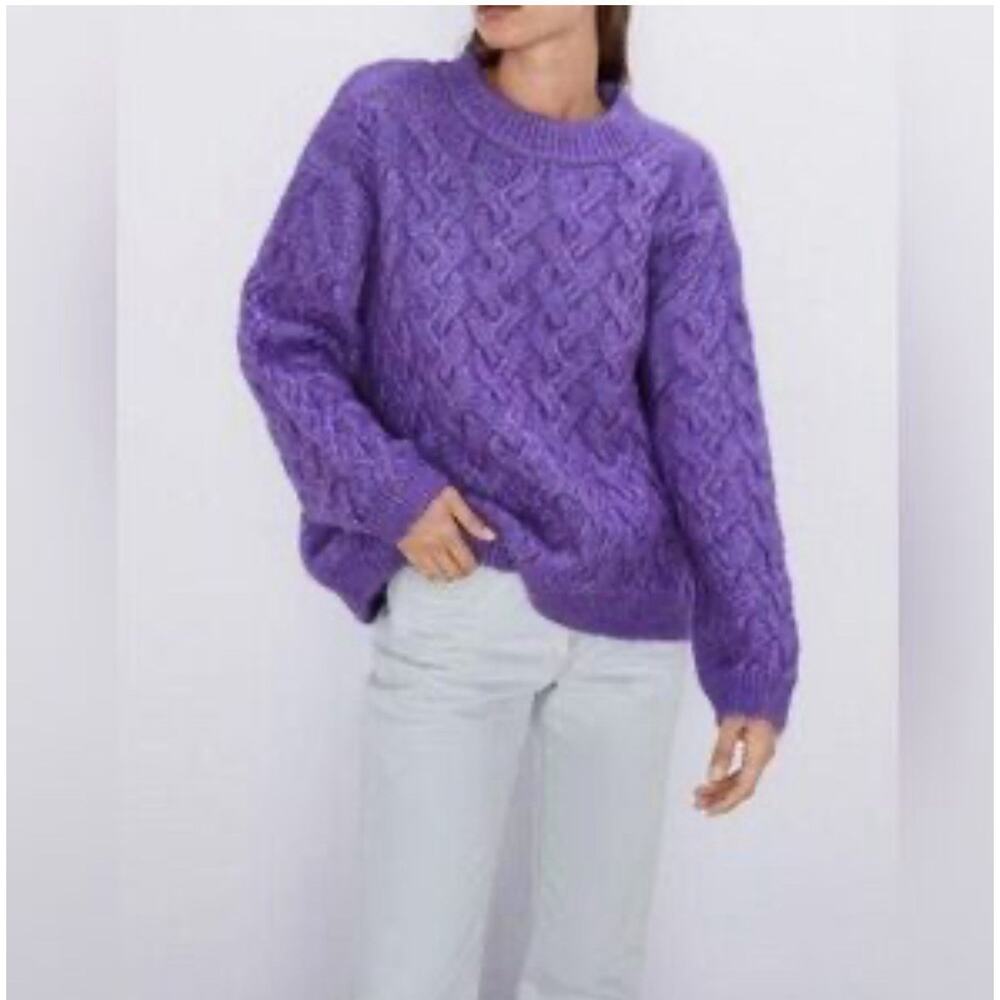 ZARA Chunky Classic Cable Knit Pullover Purple Sweater Women’s Size Medium EUC